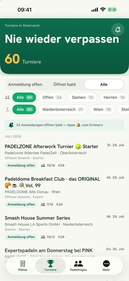 Turnierliste mit Anmeldestatus