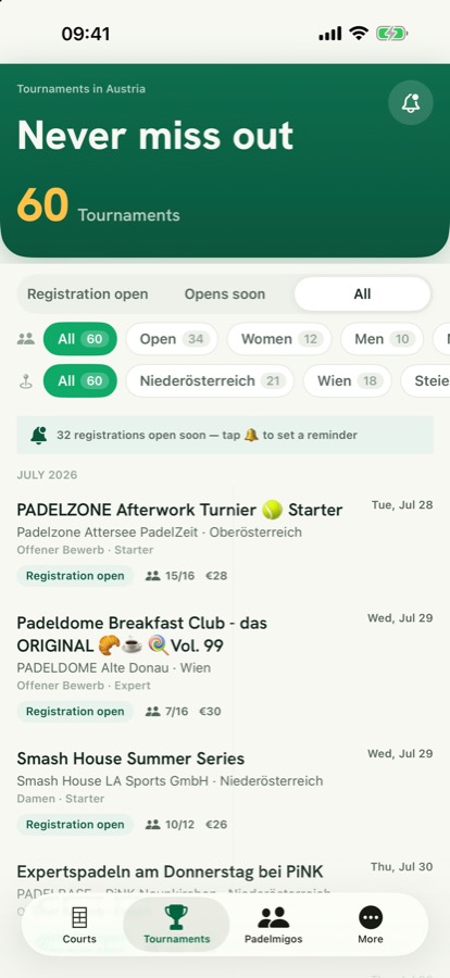 Tournament list with registration status